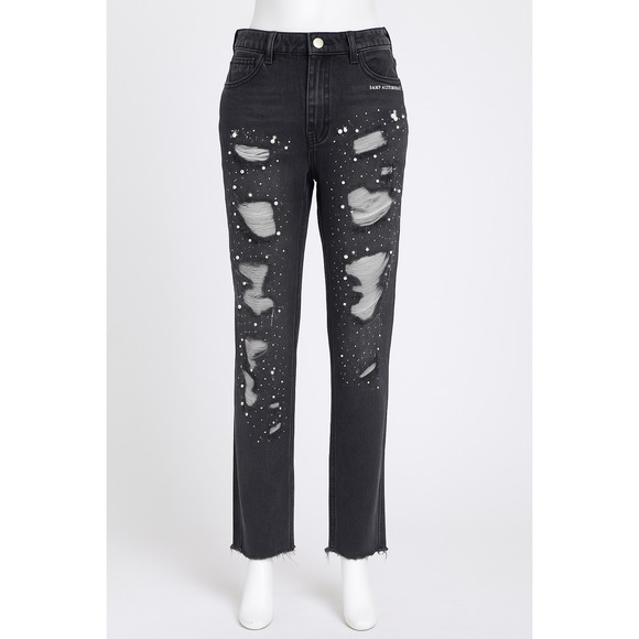 Vocal Denim - Vocal Dreamer Y2K Distressed Gray Jeans W Pearl & Rhinestone Embellishments S L